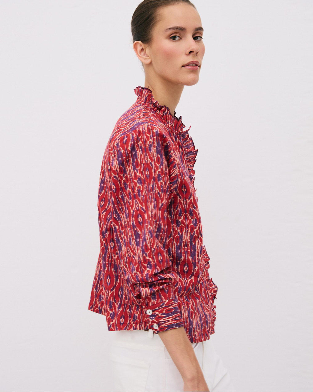 Blusa Folhos Picô Estampado Étnico Vermelha