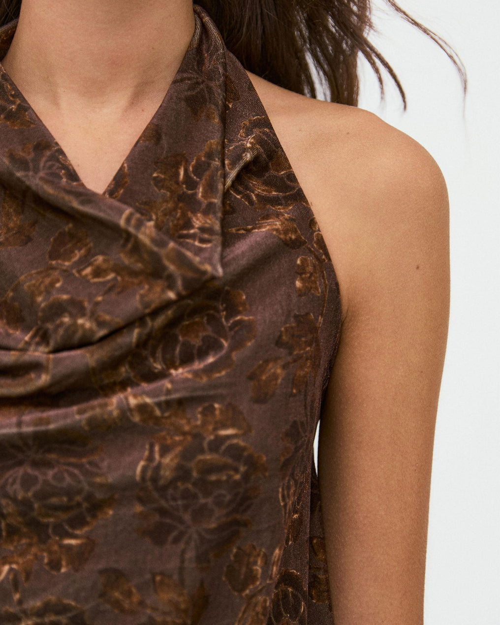Top Halter Velours Imprimé Floral Marron