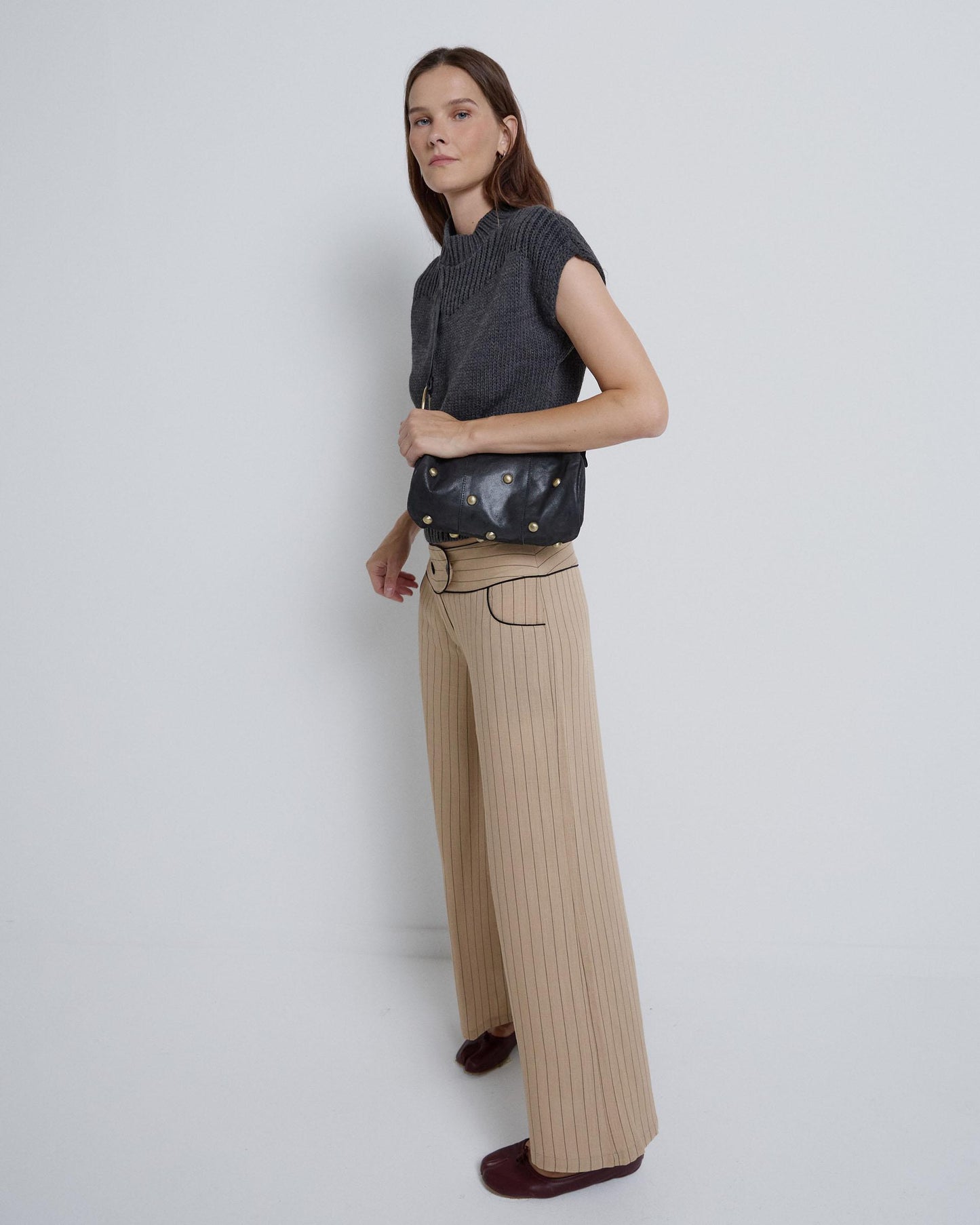 Striped Pants with Contrast Waistband in Camel