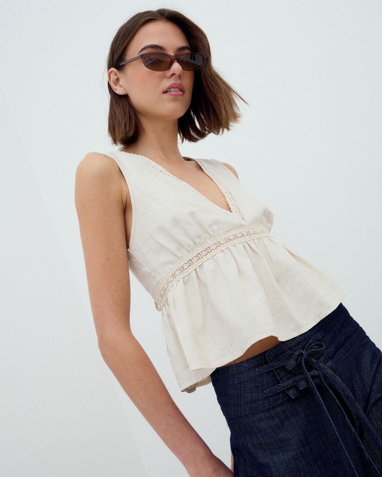 Gathered Lace Top Beige