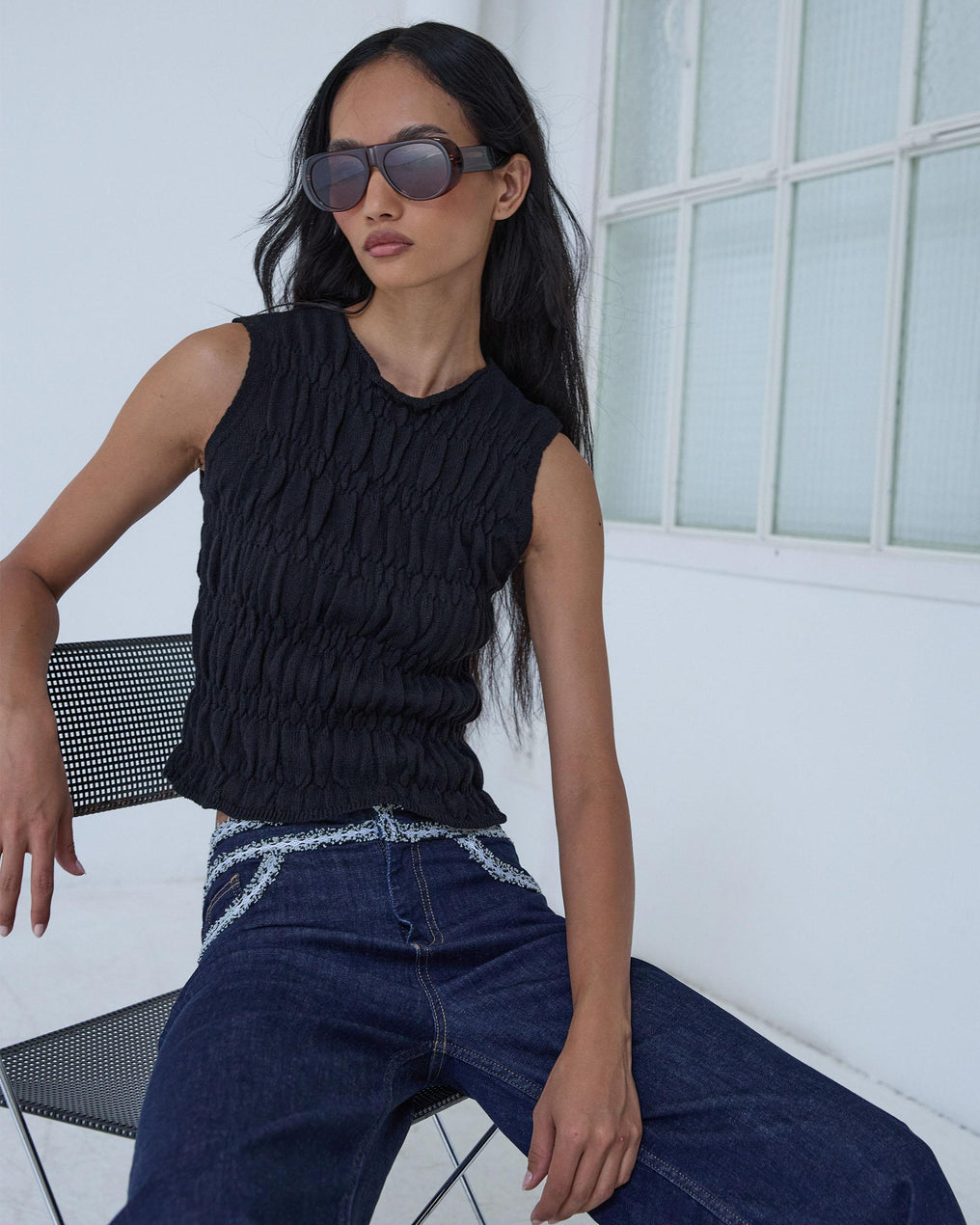 Top en Maille à Élastiques Noir