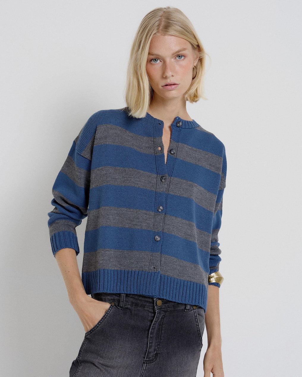 Gray Horizontal Stripes Round Neck Jacket