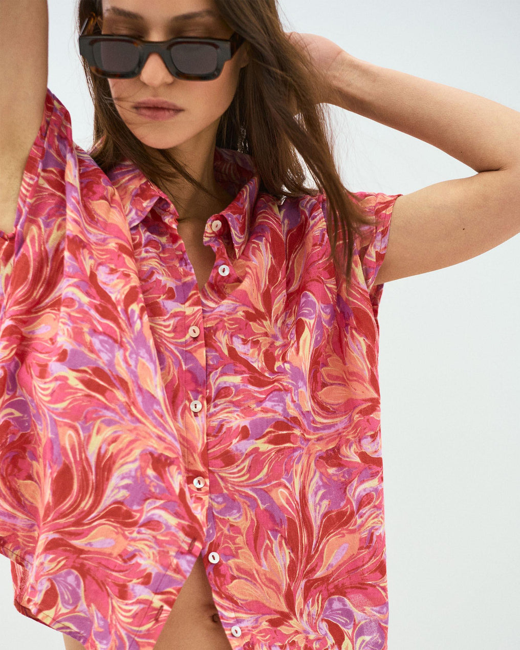 Chemise sans Manches Plis Imprimé Floral Fuchsia