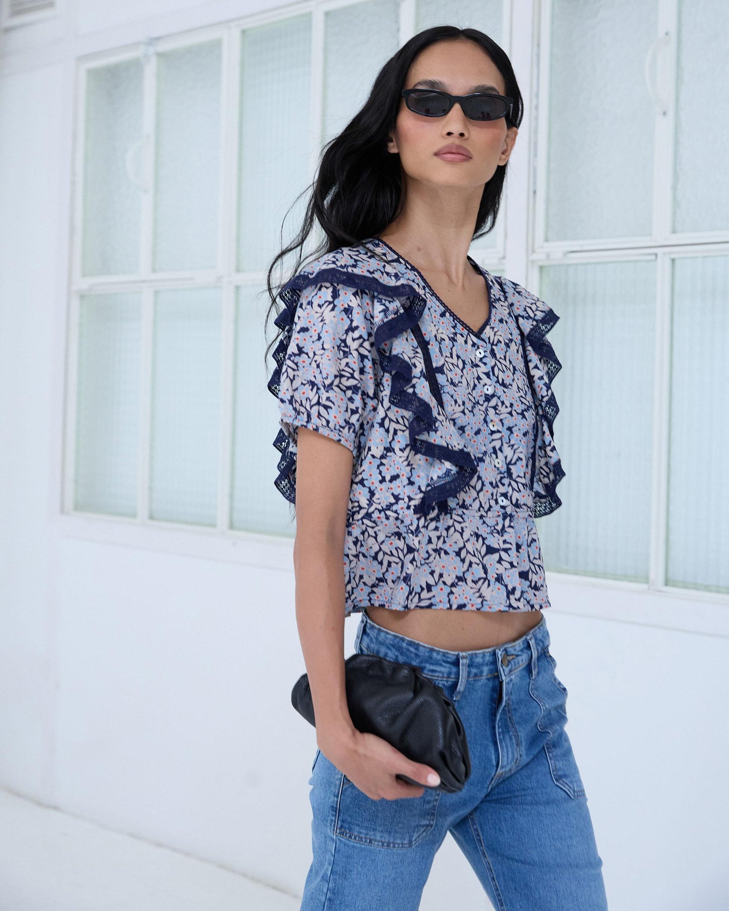 Blusa Manga Curta Botões Volantes Padrão Azul