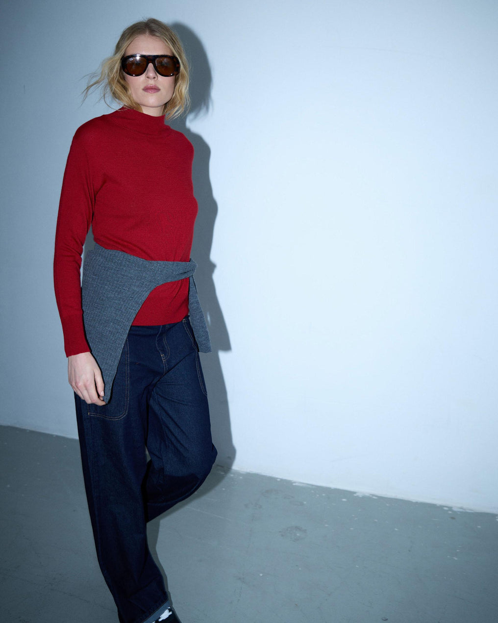 Camisola de gola alta em malha fina vermelha