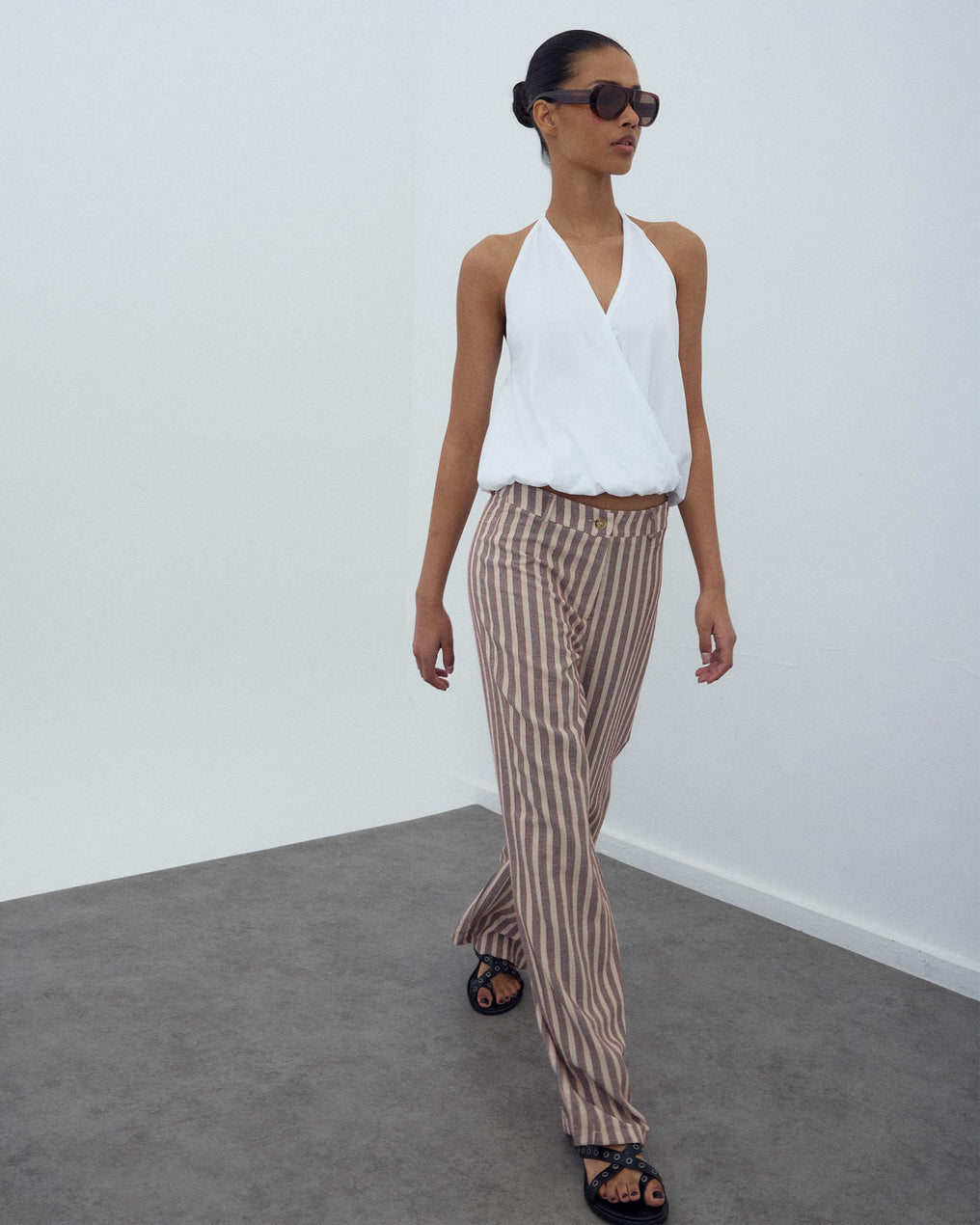 Brown Striped Flowy Trousers