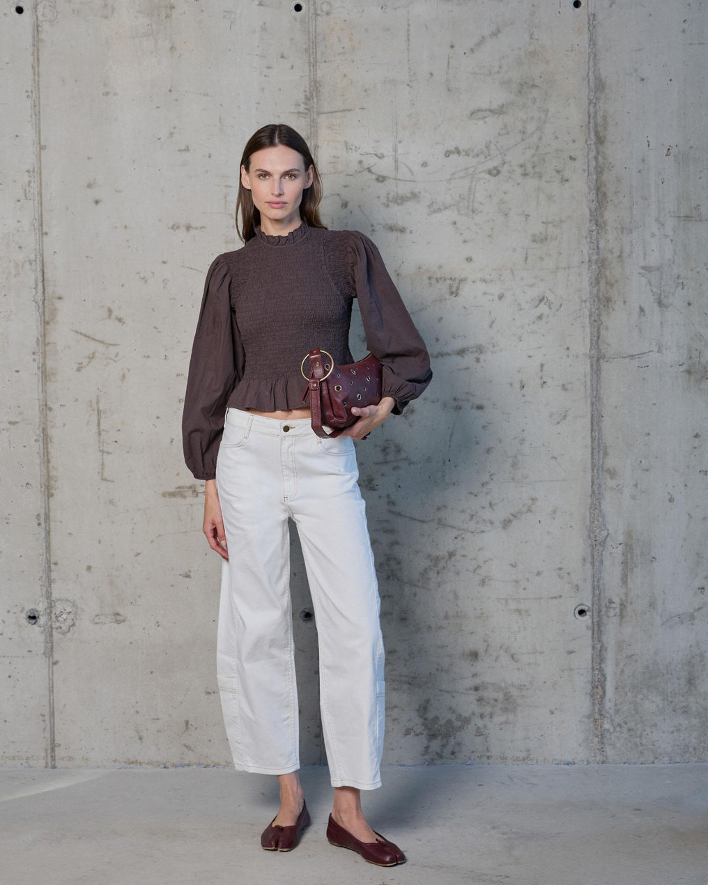 Brown Honeycomb Blouse with Puff Sleeves