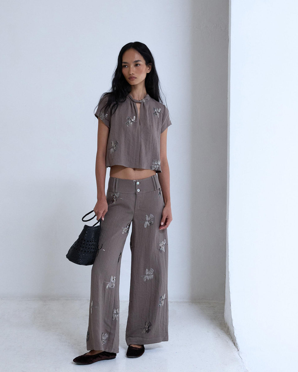 Pantalón Doble Cinturilla Lentejuelas Taupe