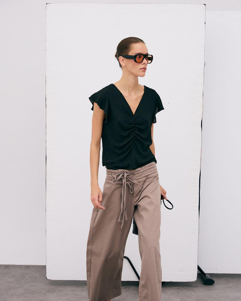 Black Gathered Short Sleeve Blouse