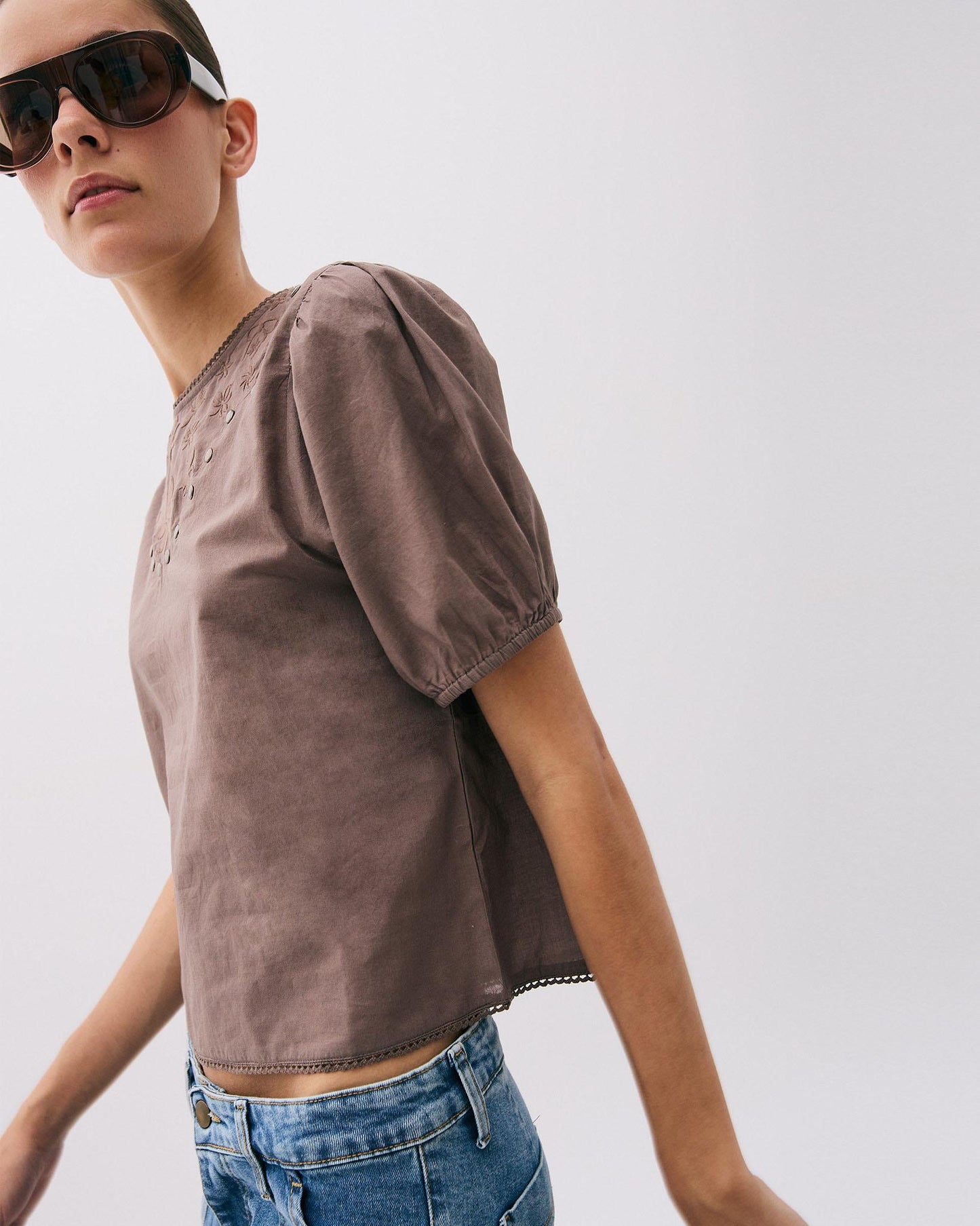 Embroidered Studded Brown Blouse