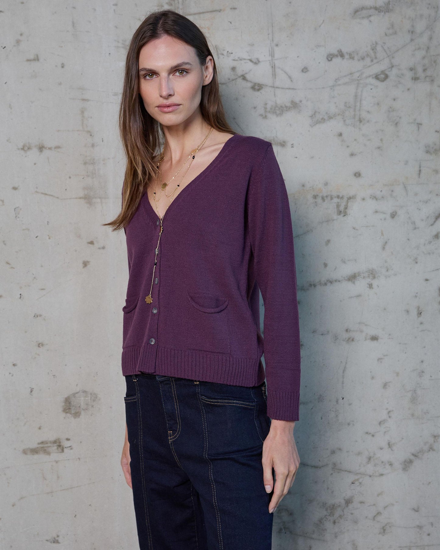 Chaqueta Cuello Pico Bolsillos Morado