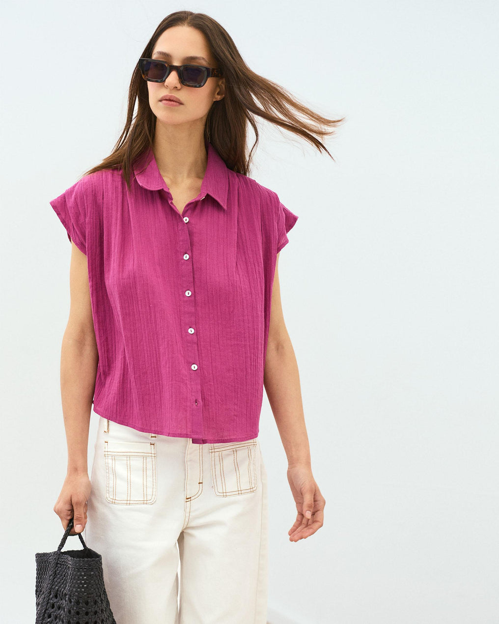Fuchsia Pleated Sleeveless Shirt