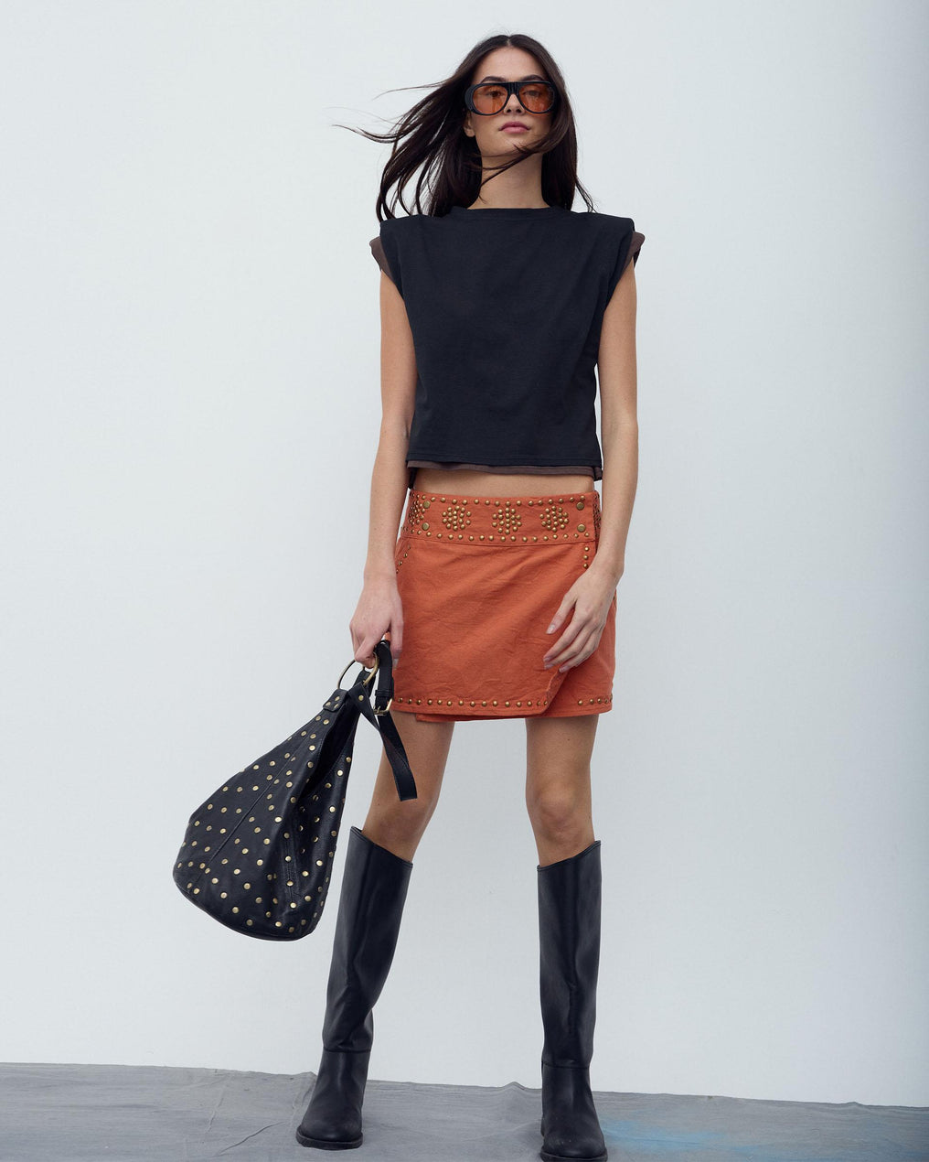 Orange Canvas Studded Mini Skirt