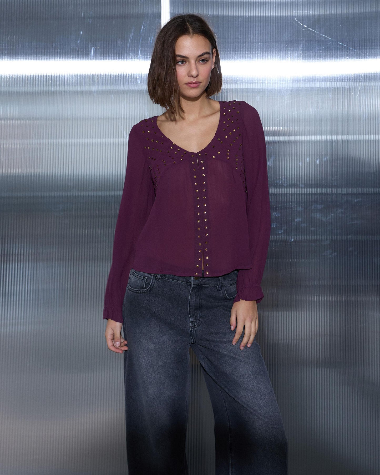 Blusa Lentejuelas Canesú Morado