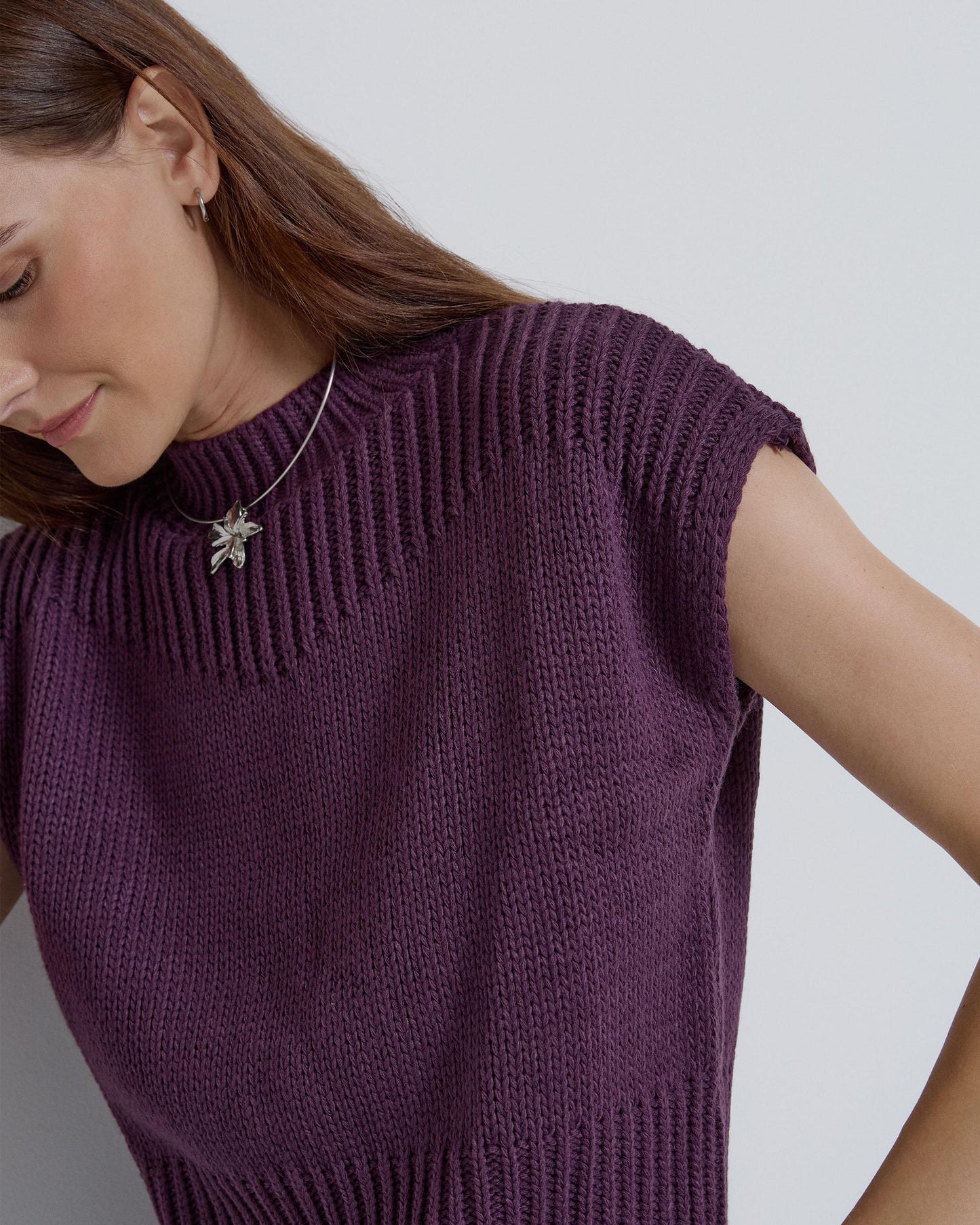 Purple Chunky Knit High Neck Vest