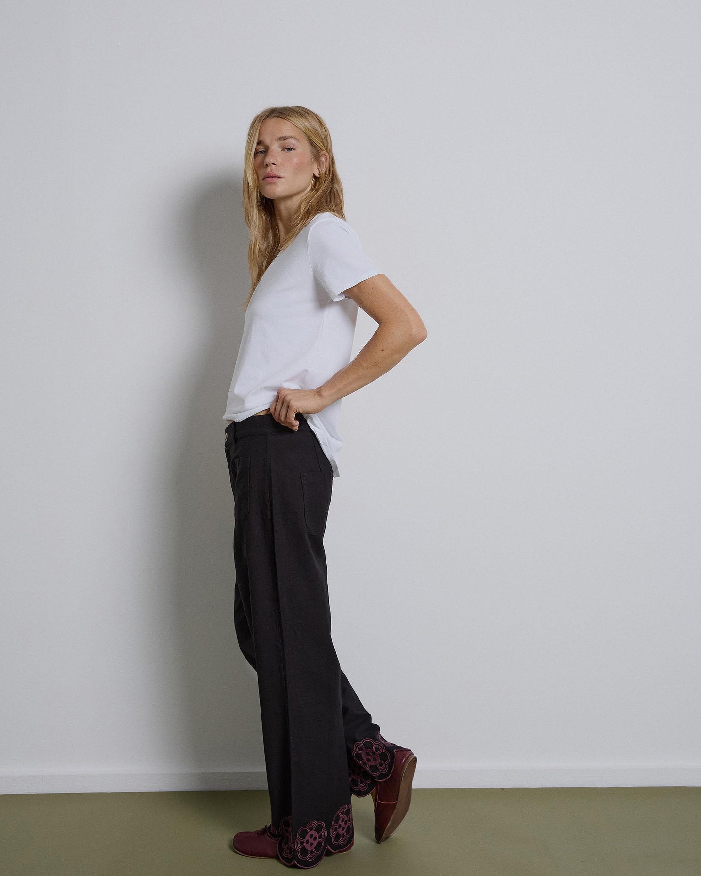 Black Flower Embroidered Pants