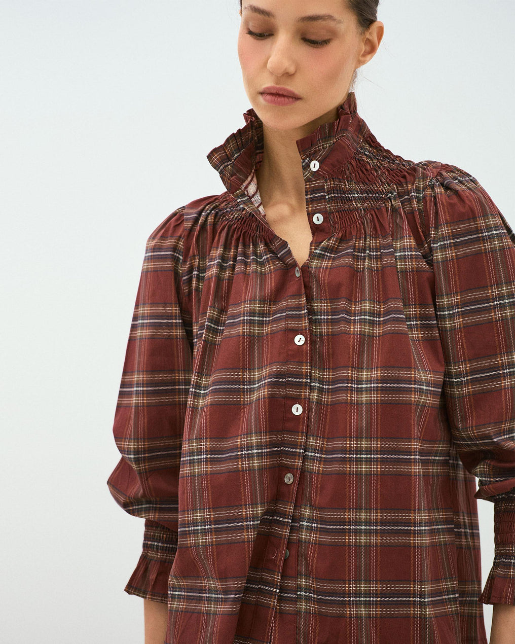 Honeycomb Blouse with Burgundy Checkered Collar
