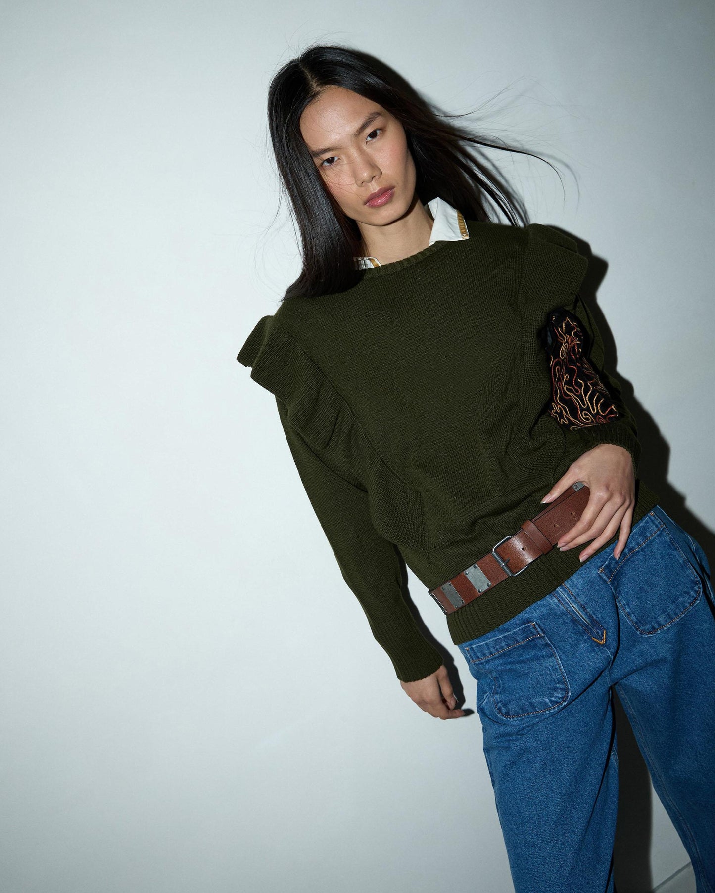 Dark Green Jersey with Side Ruffles