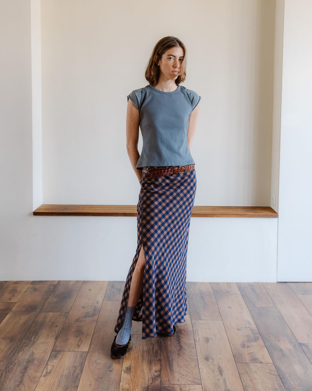 Falda Larga Cuadros Azul Marino