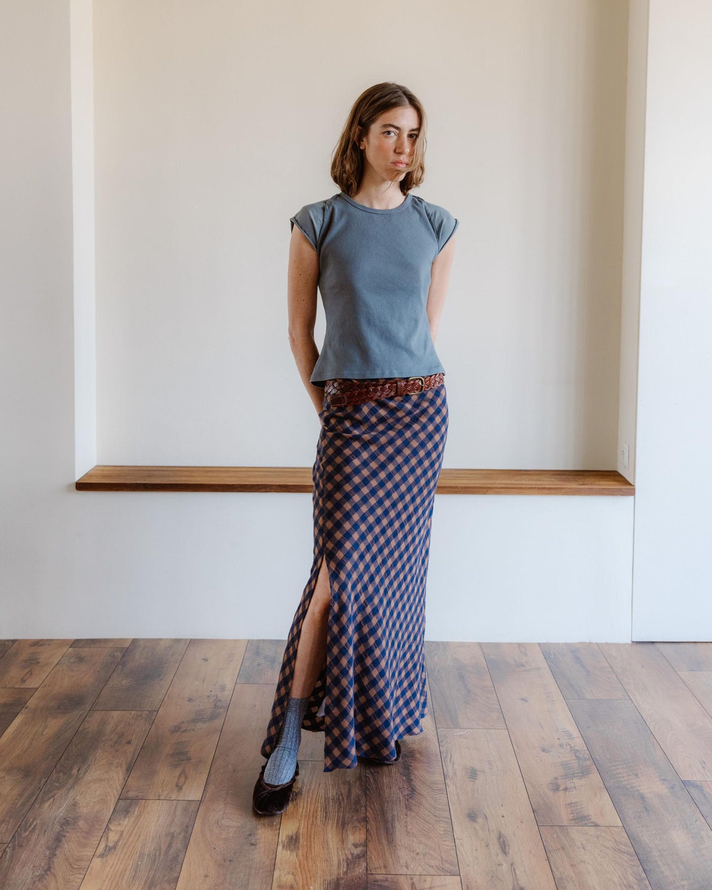 Falda Larga Cuadros Azul Marino