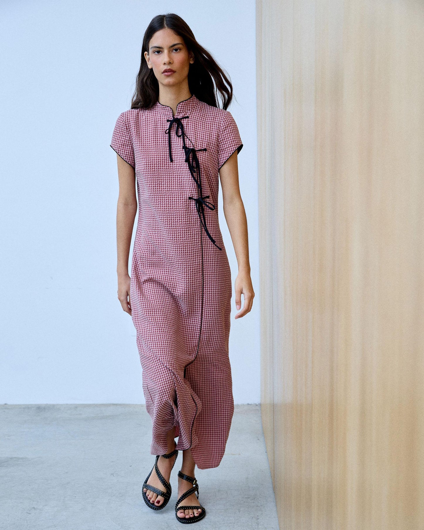 Robe Lacets Contrastant Carreaux Rose
