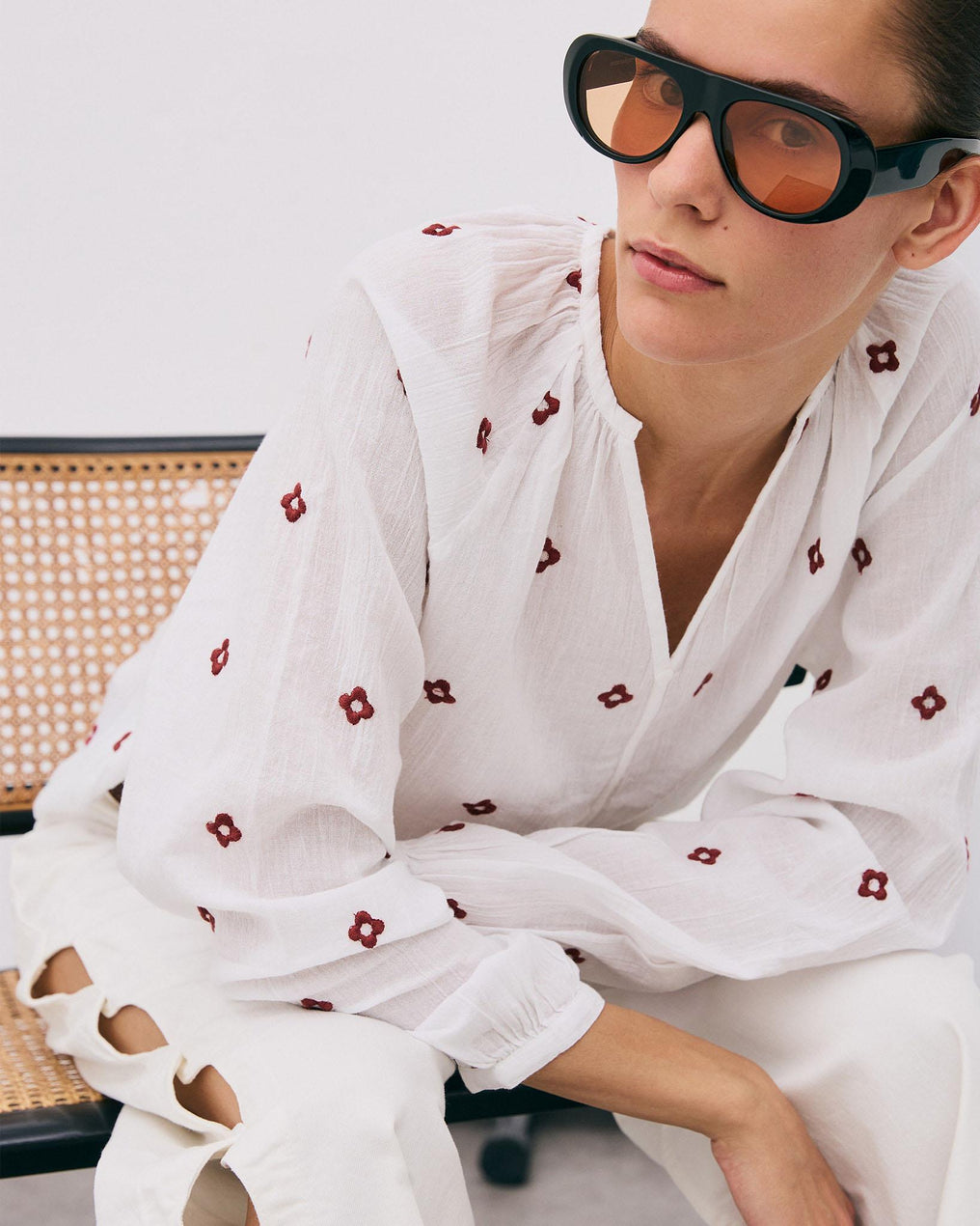 White Floral Embroidered Blouse