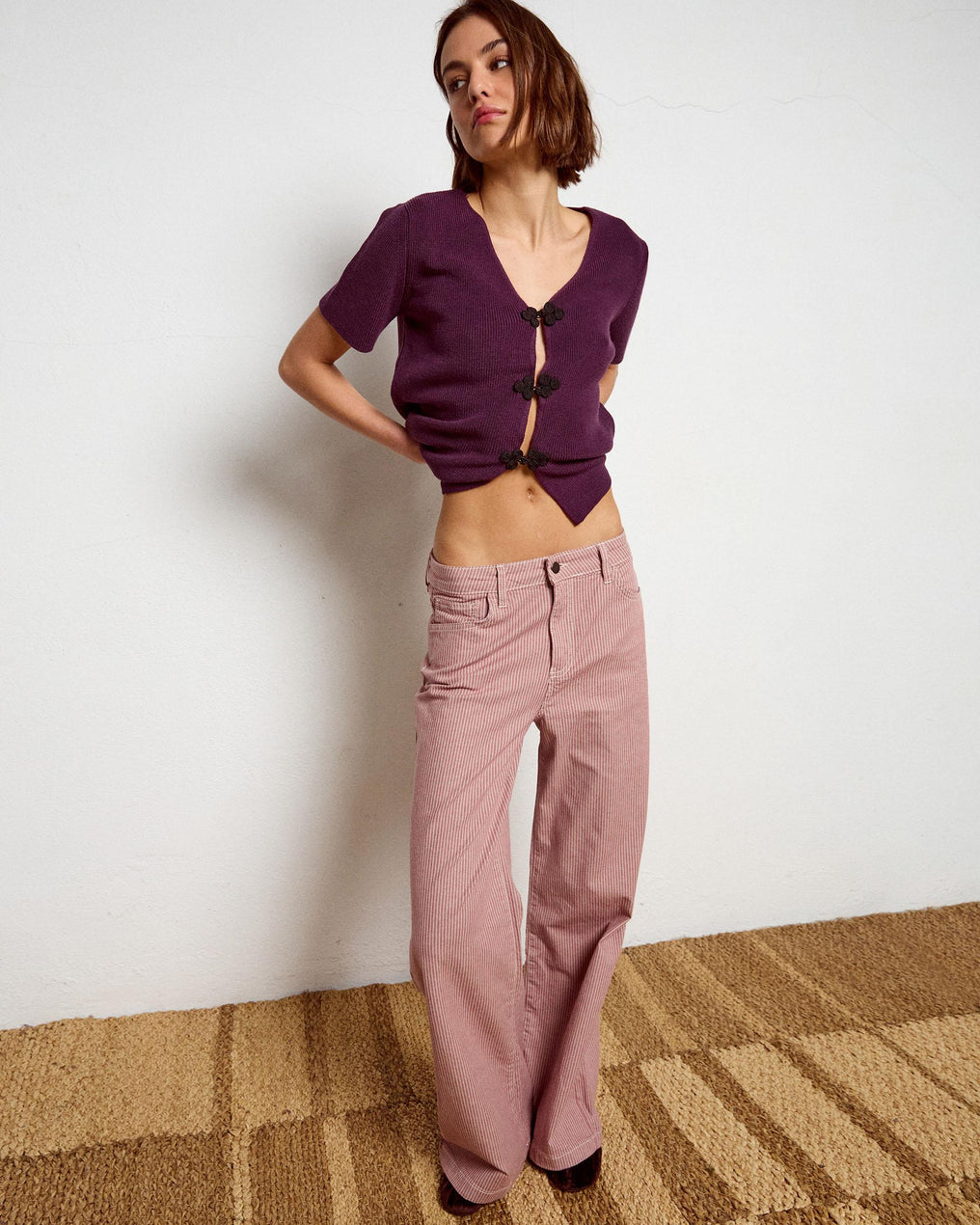 Jeans às Riscas Cor de Rosa