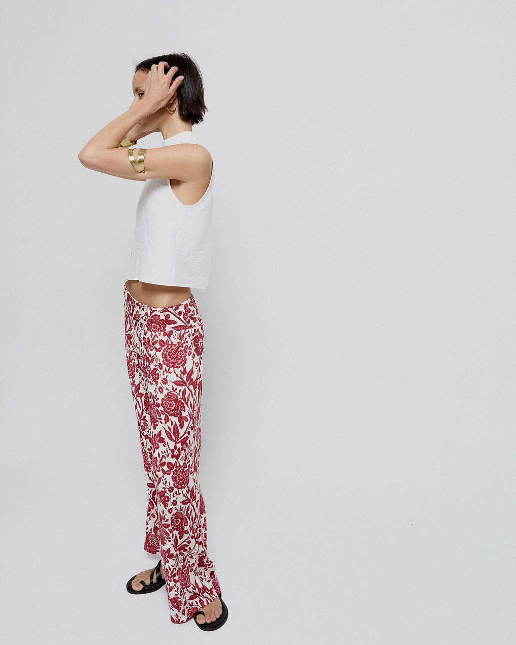 Pink Floral Pants with Crossed Waistband