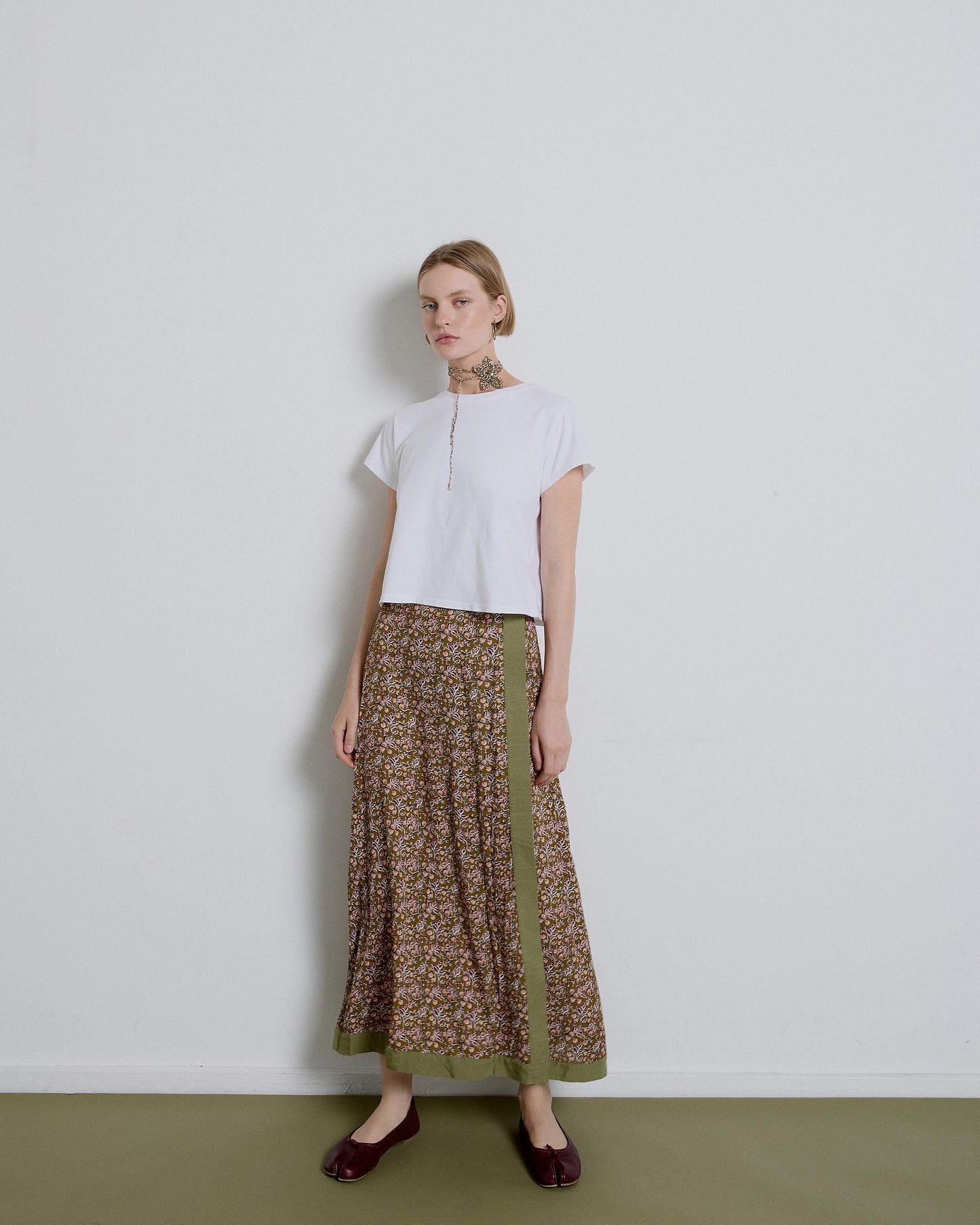 Green Side Ruffle Printed Skirt