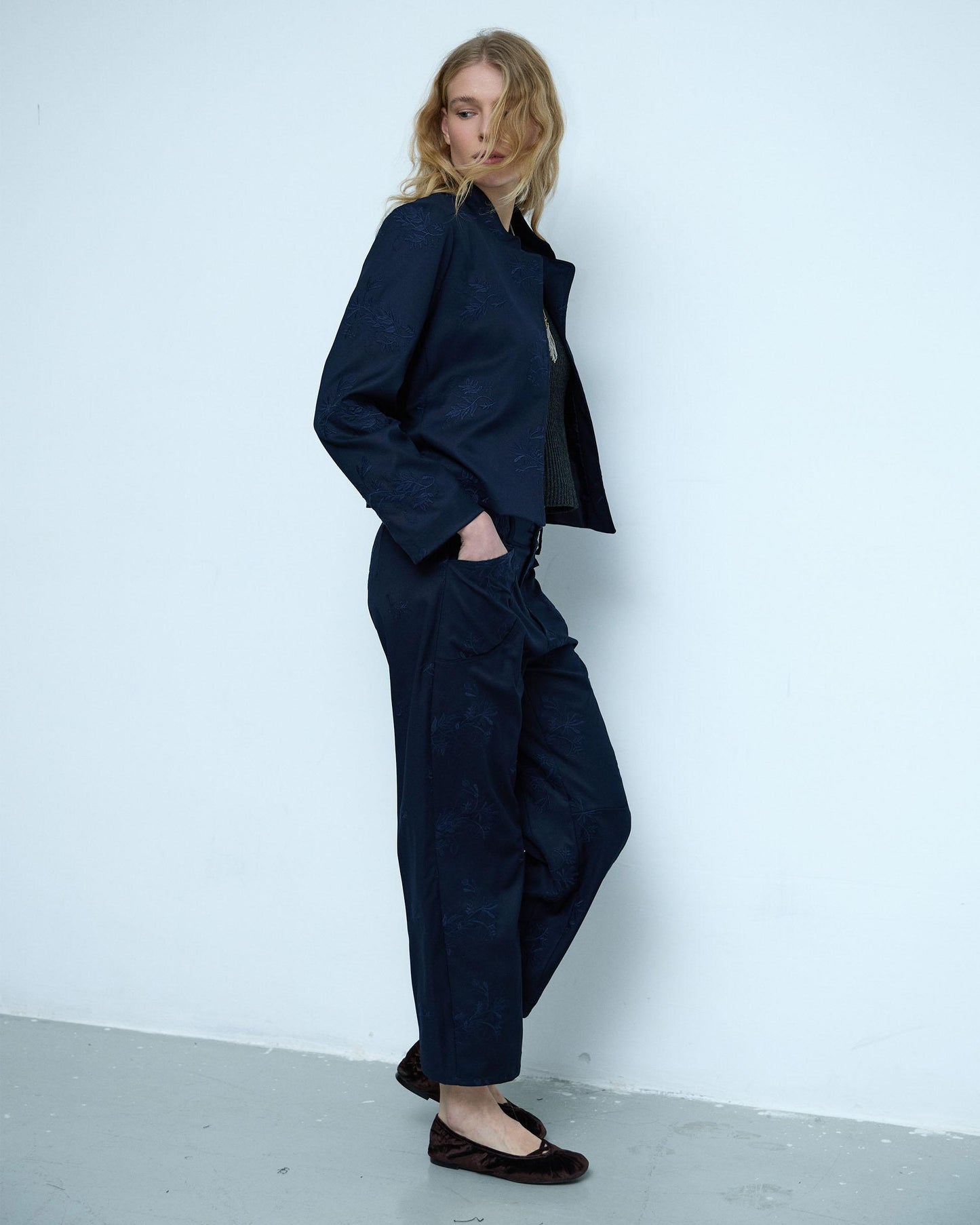 Dark Blue Floral Embroidered Trousers