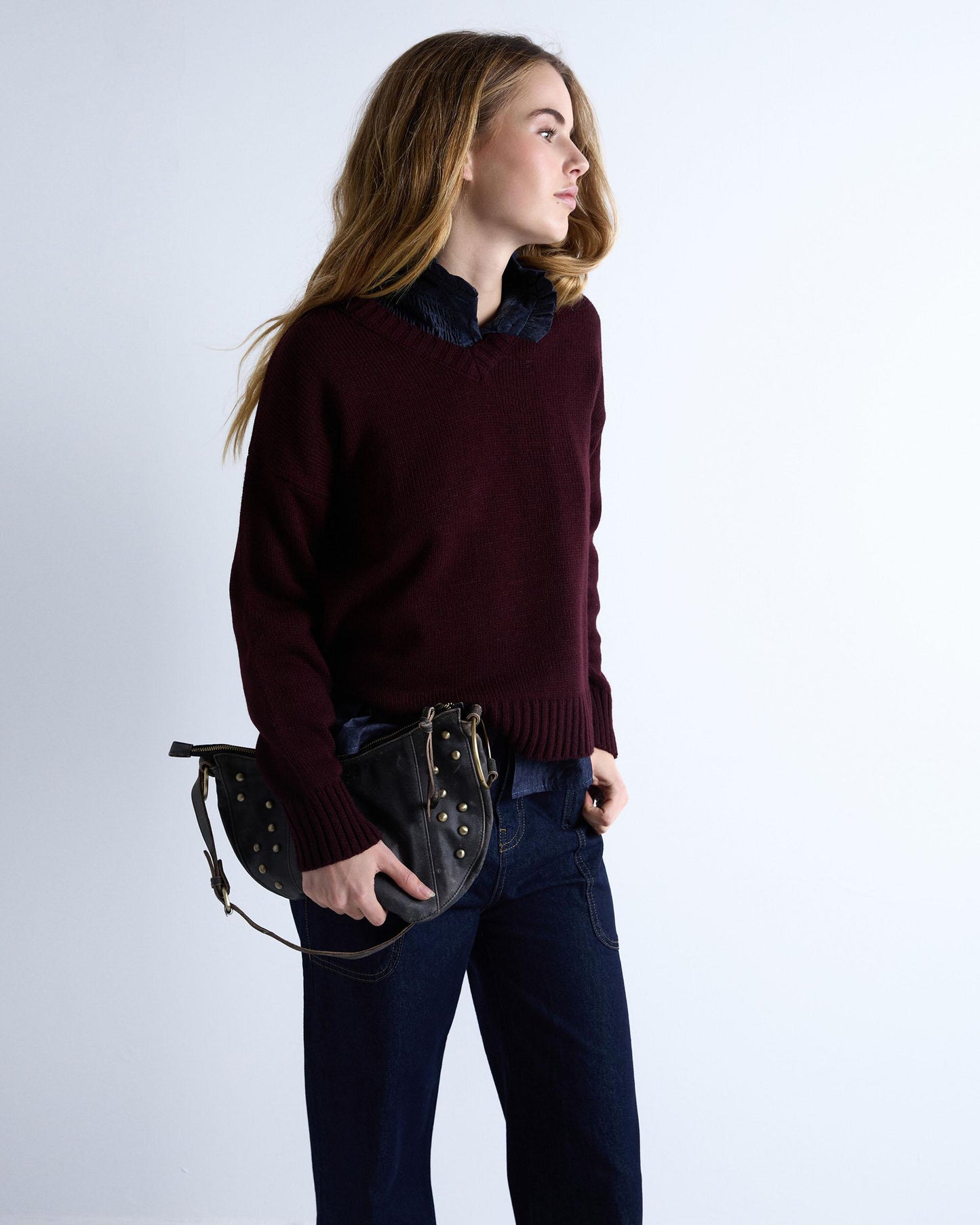 Burgundy Ribbed V-Neck Sweater