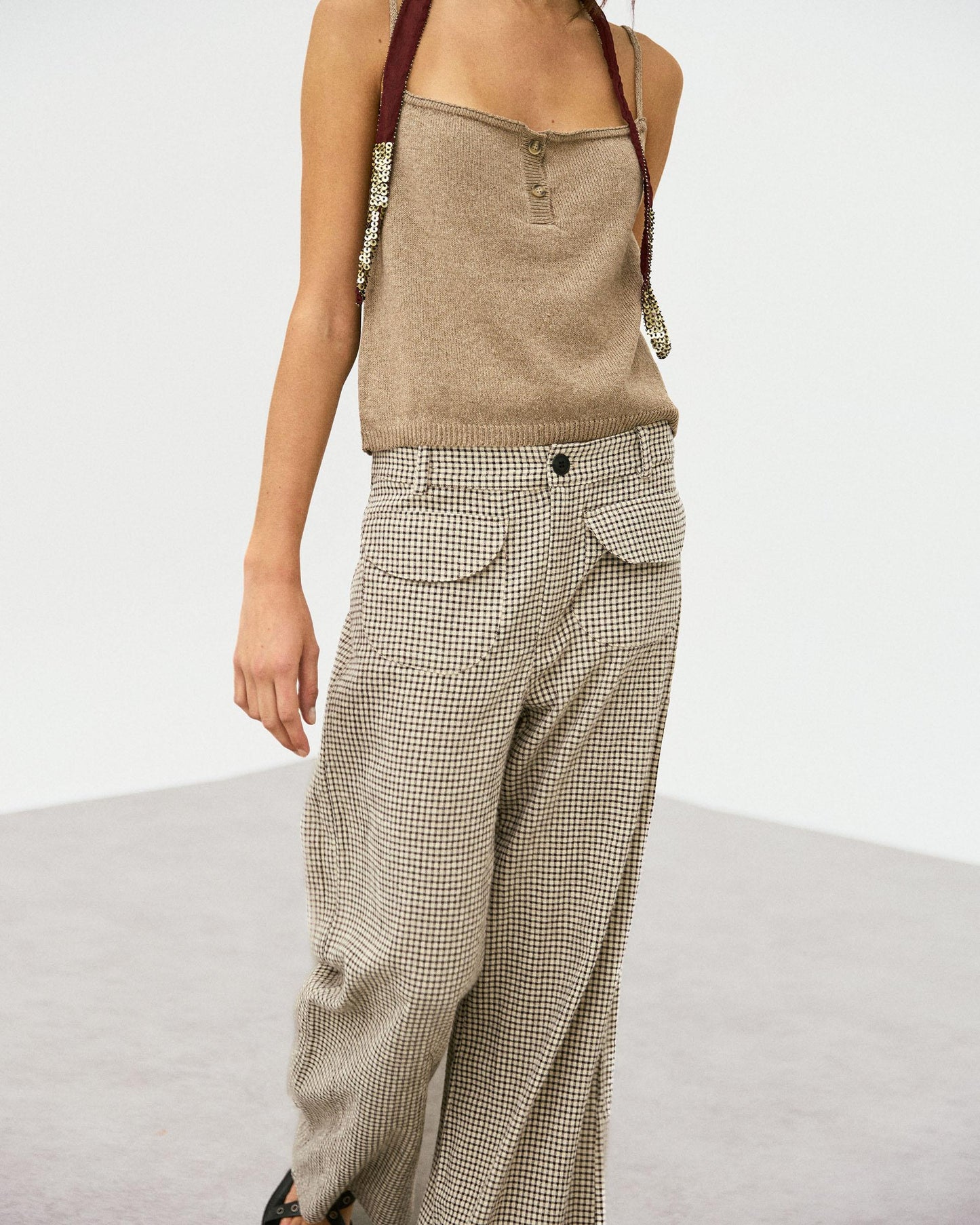 Pantalón Cuadros Bolsillos Seersucker Beige
