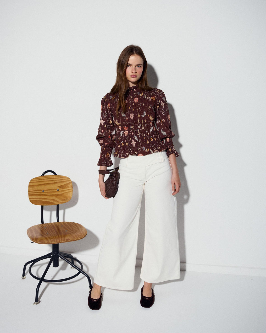 Brown Floral Print Honeycomb Blouse