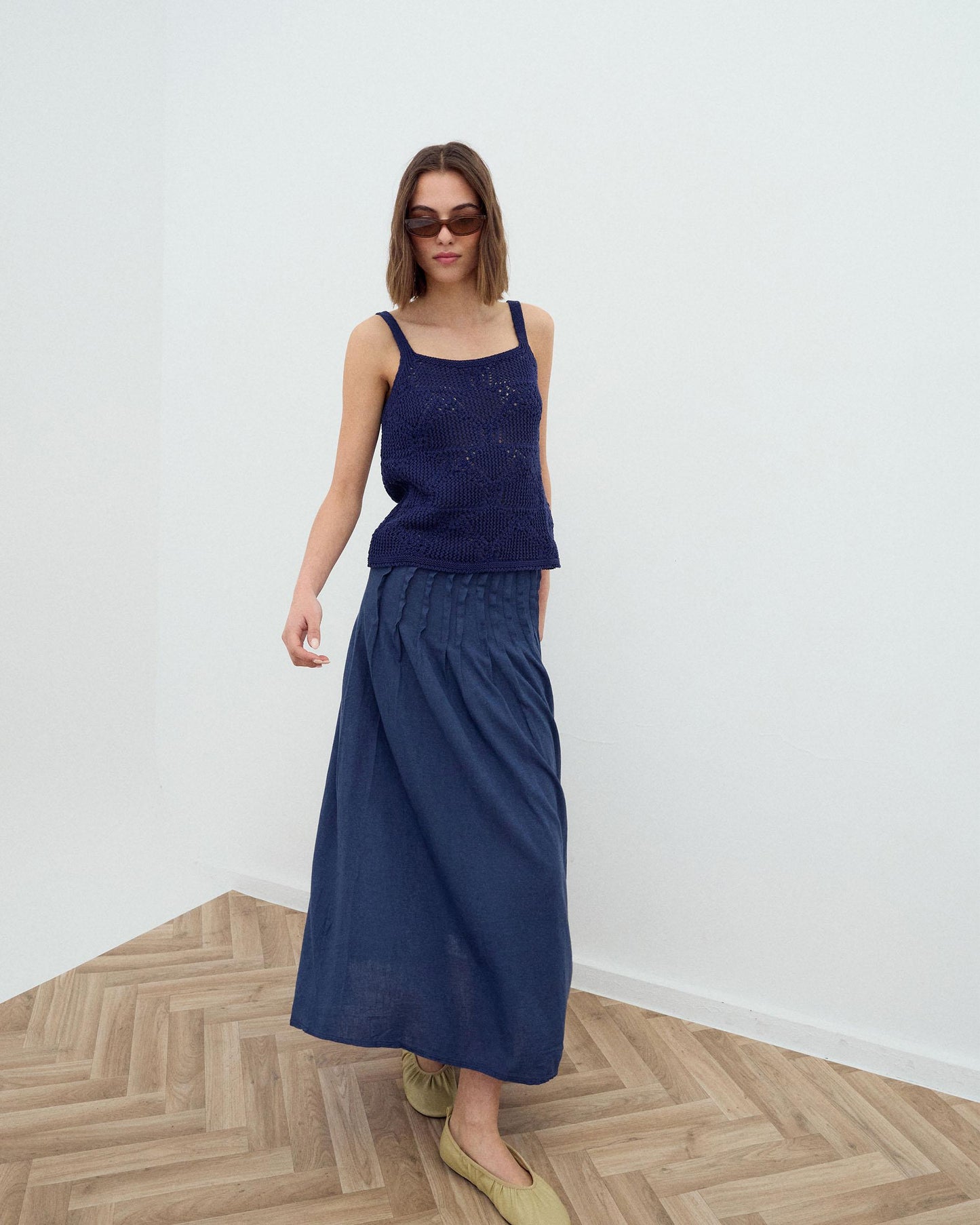 Navy Blue Linen Long Skirt with Pintucks