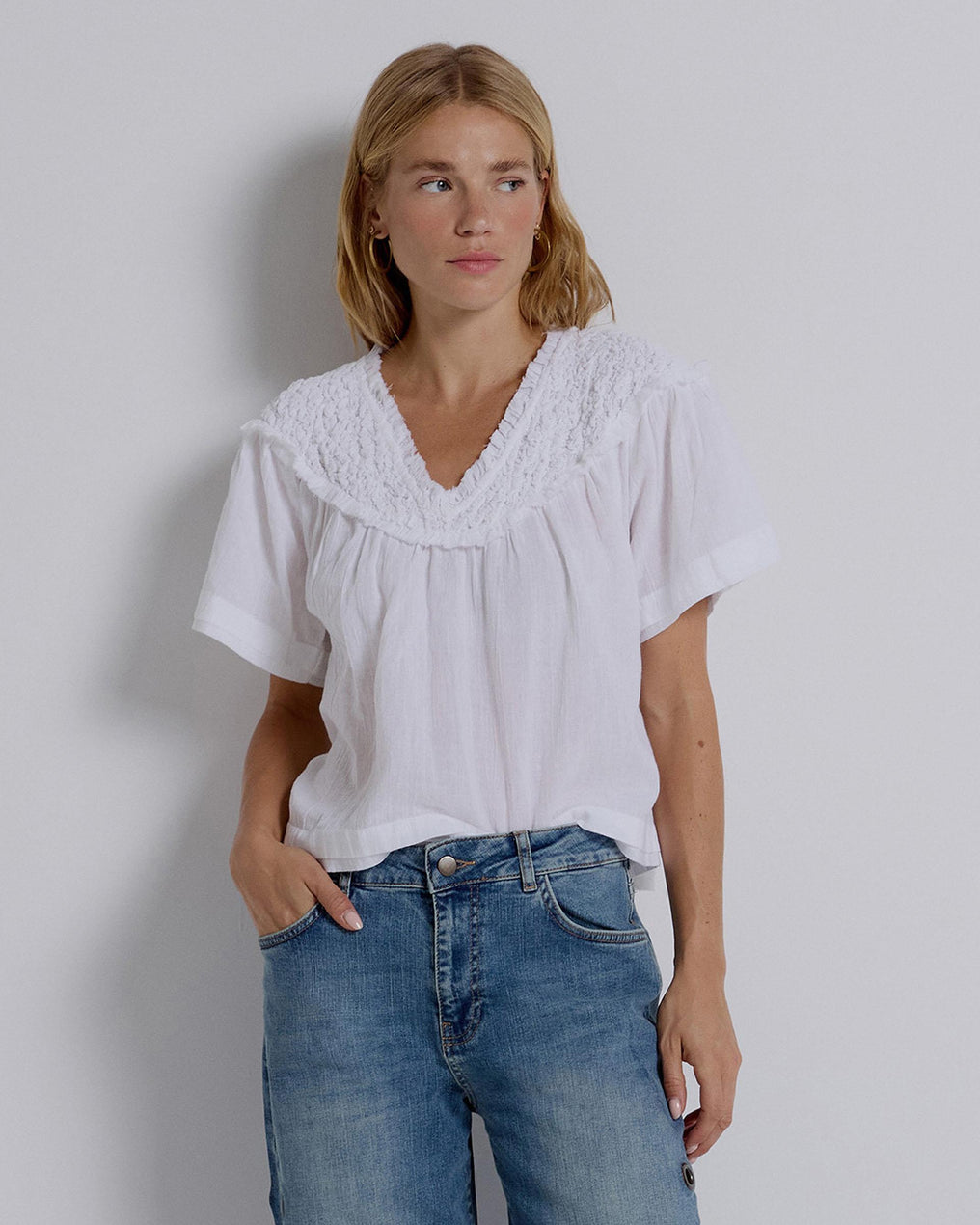 White Gathered V-Neck Blouse