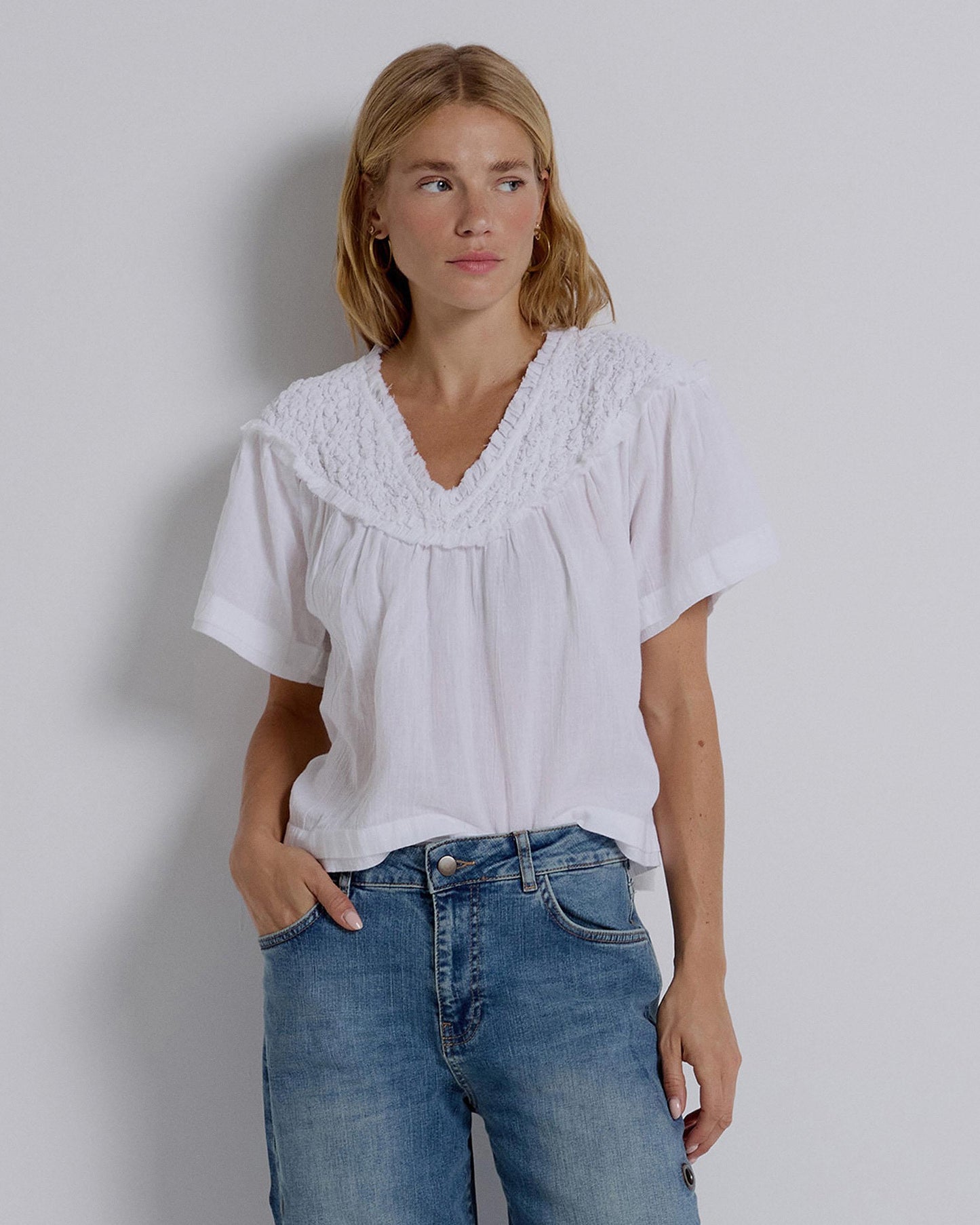 White Gathered V-Neck Blouse