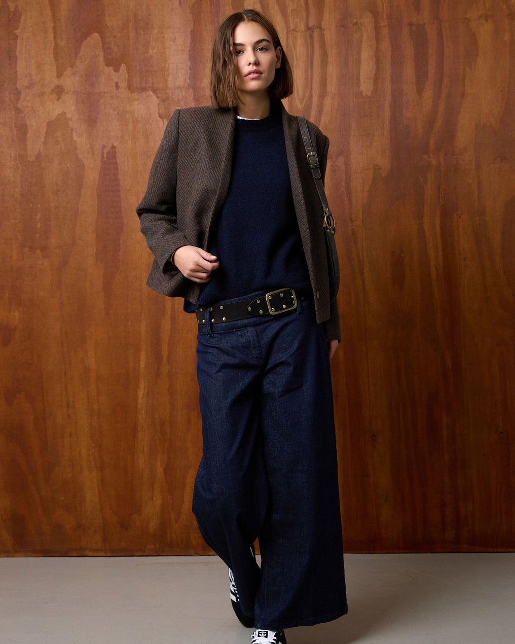 Chaqueta Cuello Subido Rayas Mezcla Lana Marrón