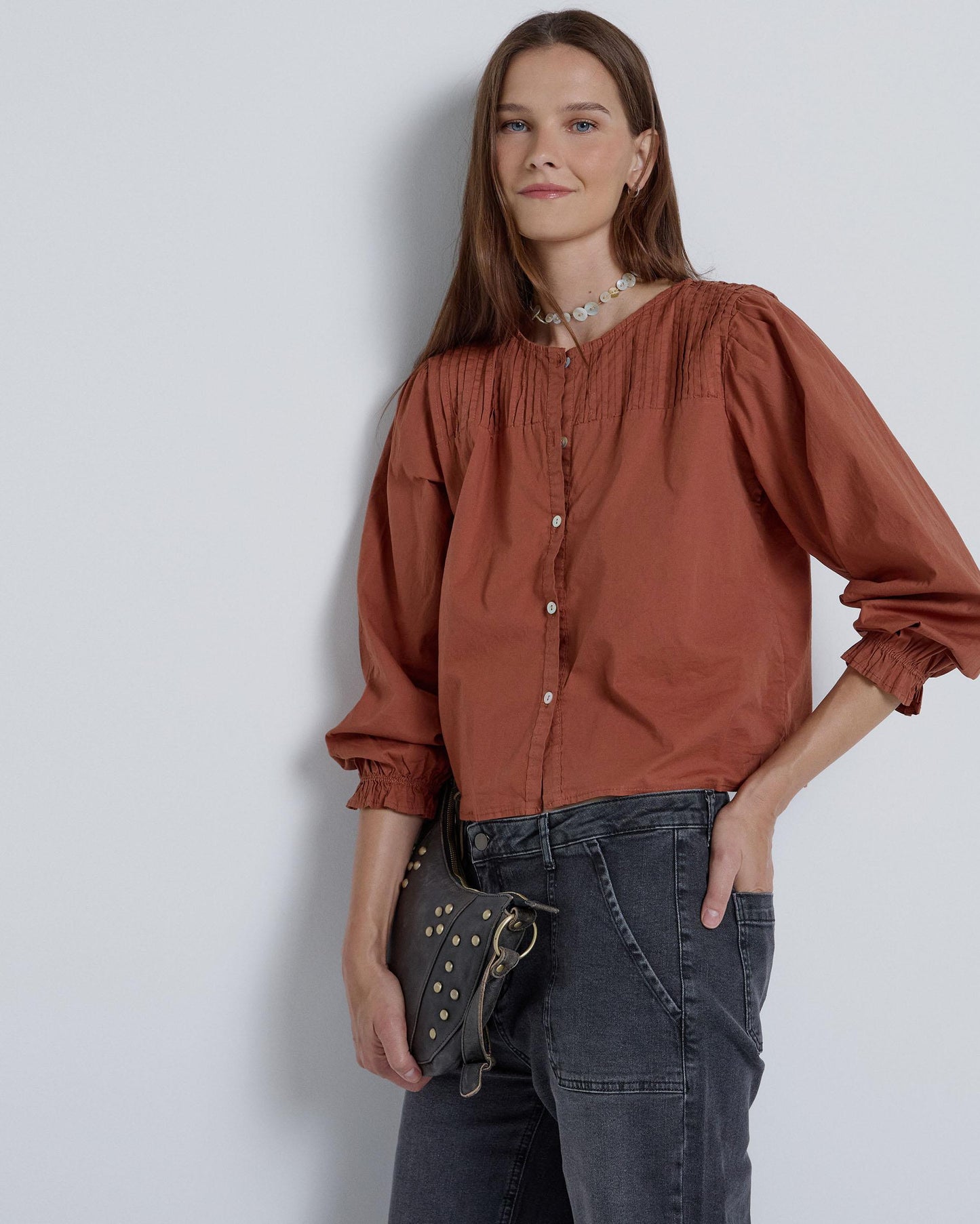 Blusa Canesú Tablas Teja