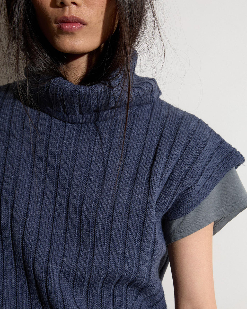 Dark Blue Ribbed Turtleneck Knit Vest