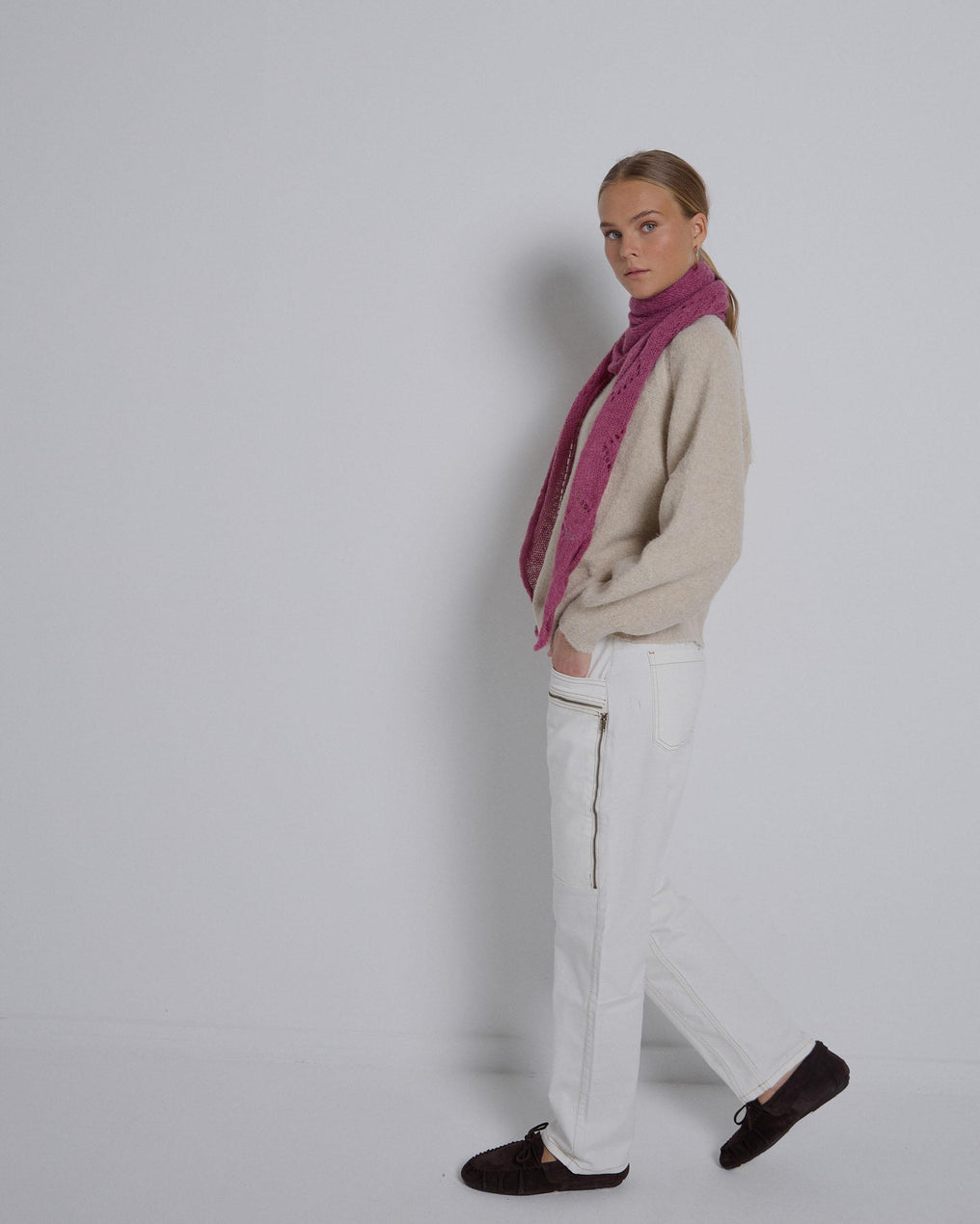 White Asymmetrical Zipper Jeans