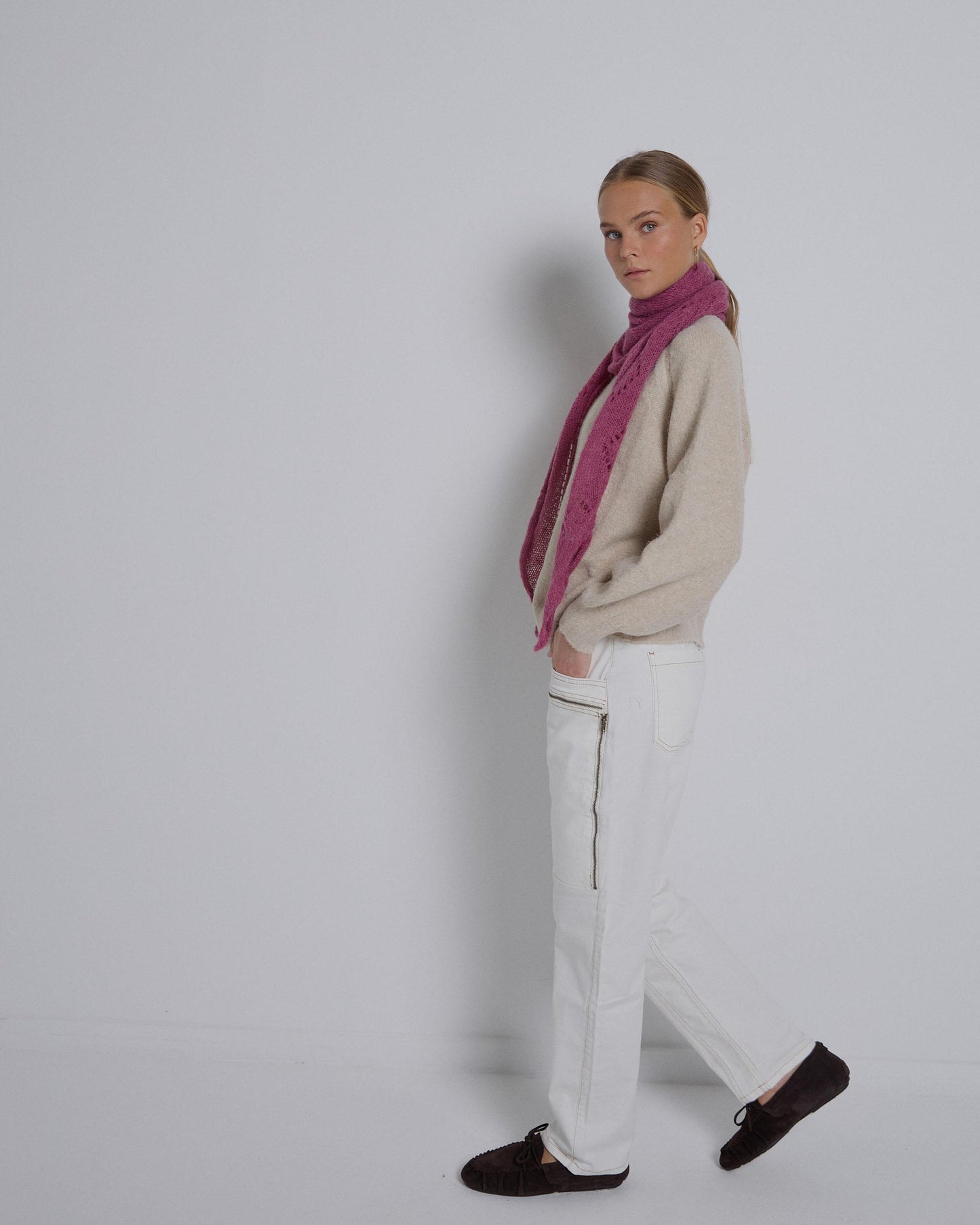 White Asymmetrical Zipper Jeans