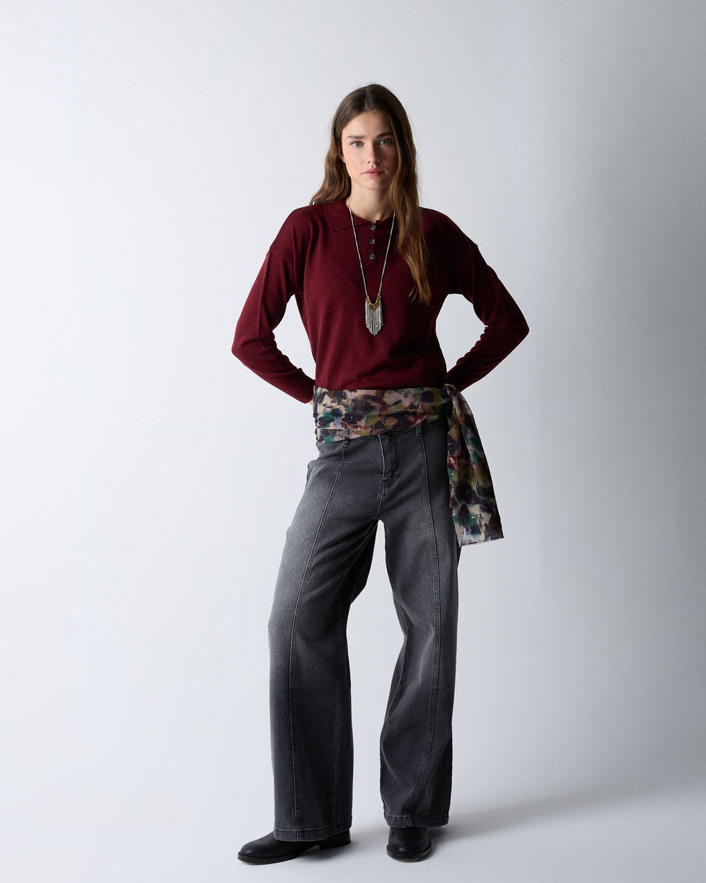 Maroon Fine Knit Polo Sweater