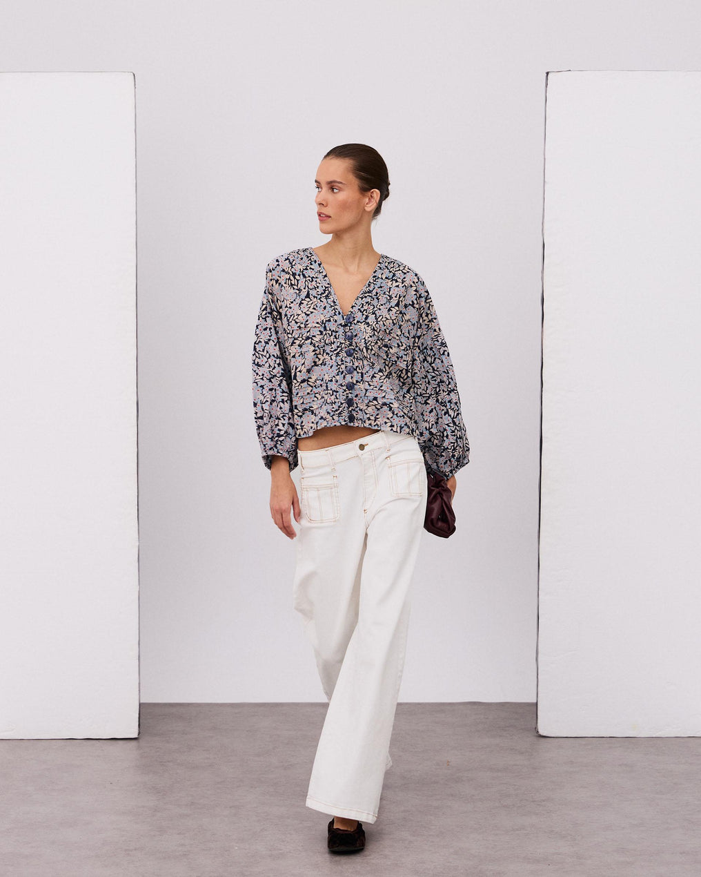 Blue Floral Print Pleated Blouse