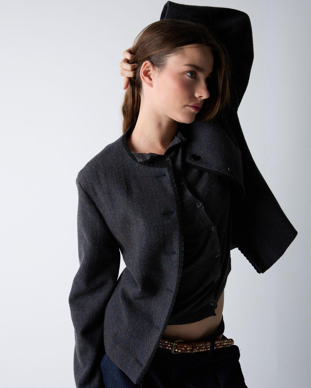 Chaqueta Botones Puntilla Mezcla Lana Marrón