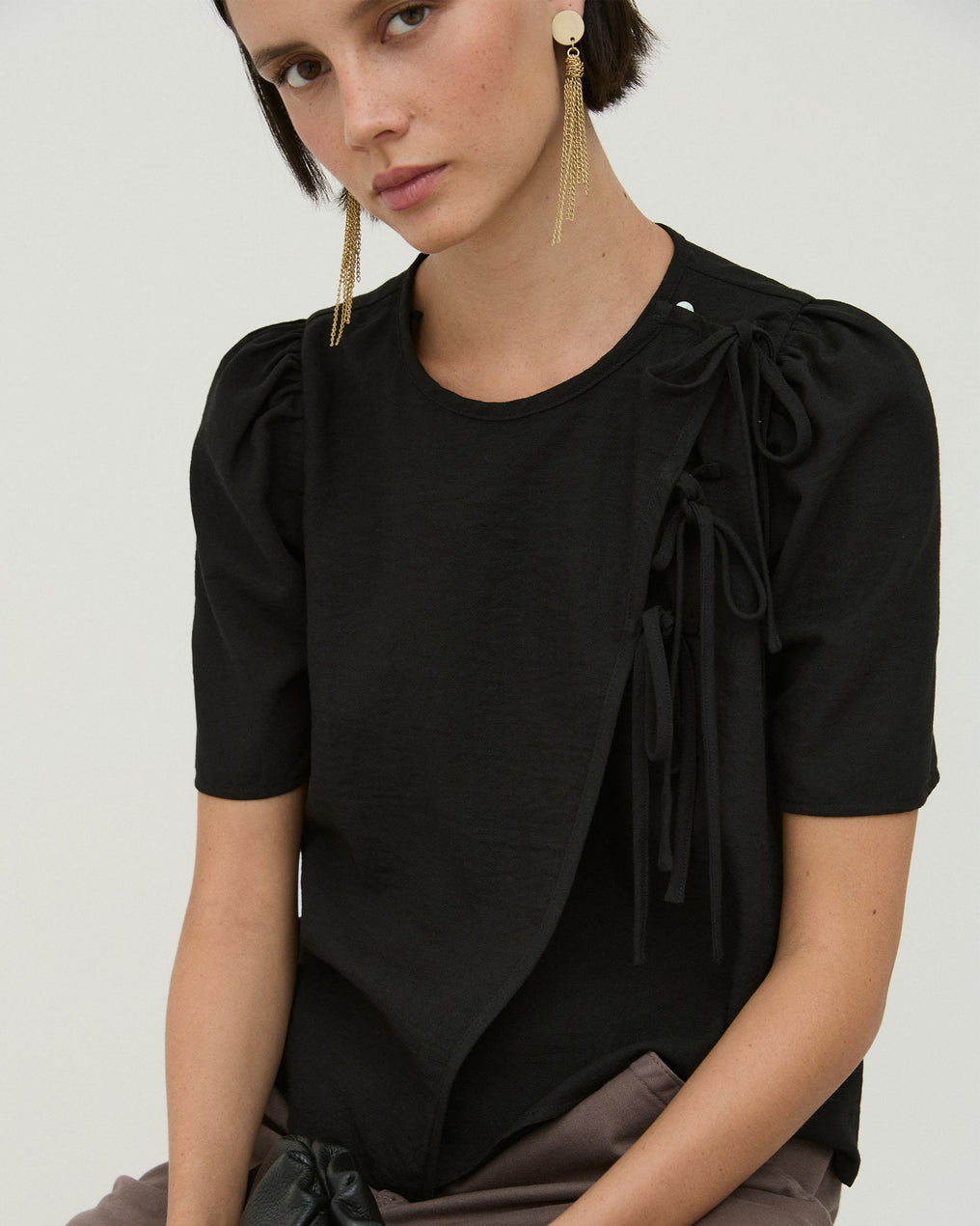 Blusa Lazadas Manga Abullonada Negro