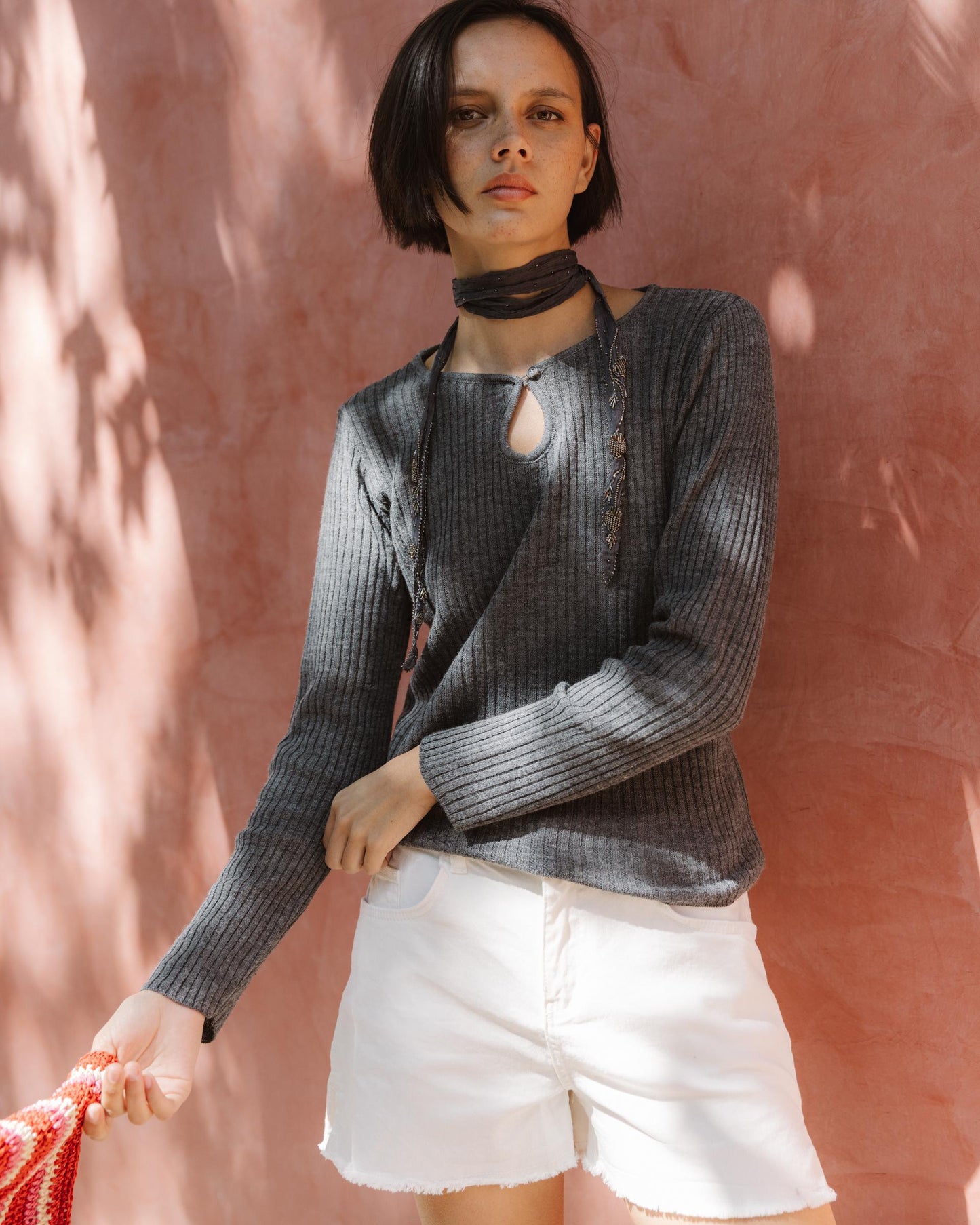 Grey Teardrop Neck Knit Top