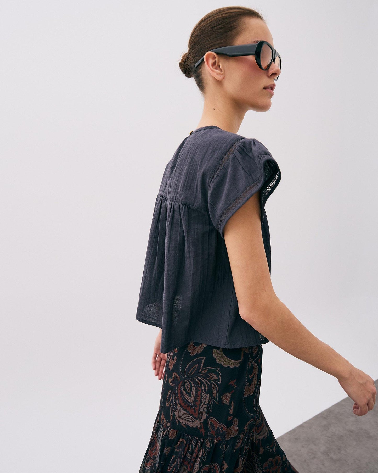Blouse Manches Courtes Dentelle Avant Anthracite