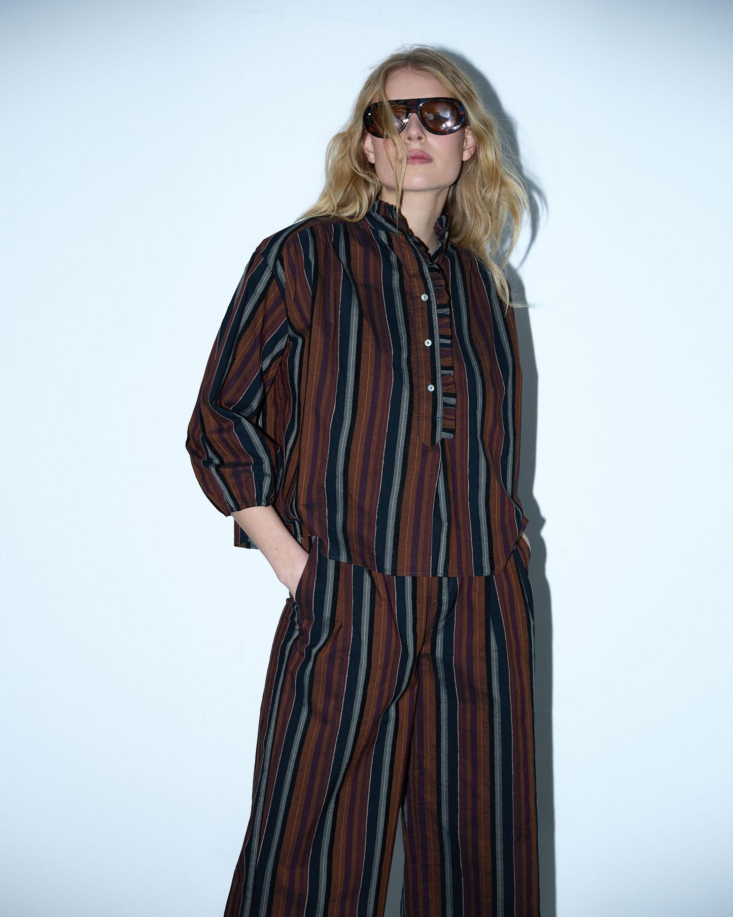 Blusa Rayas Detalle Terciopelo Teja