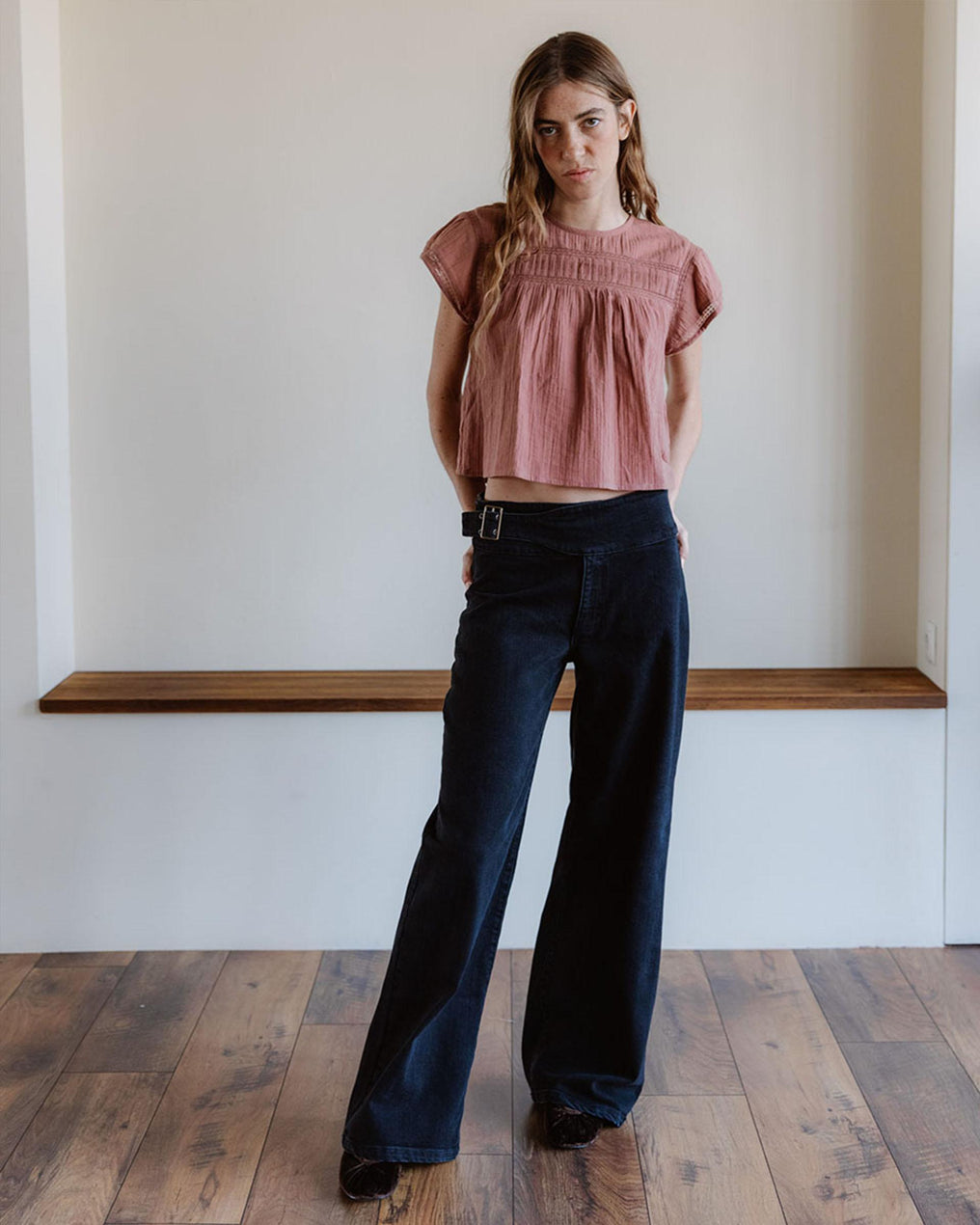 Blusa Manga Corta Puntillas Delantero Rosa Palo