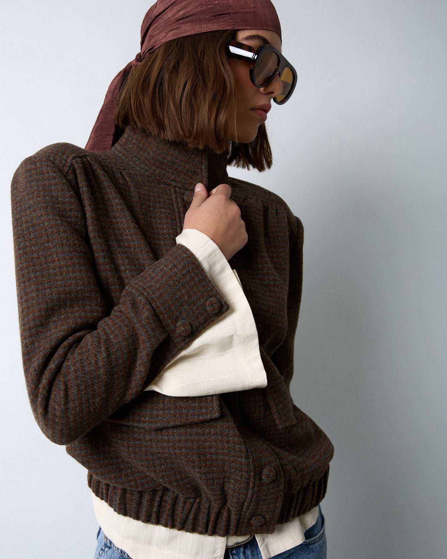 Chaqueta Bomber Canesú Cuadros Con Lana Marrón